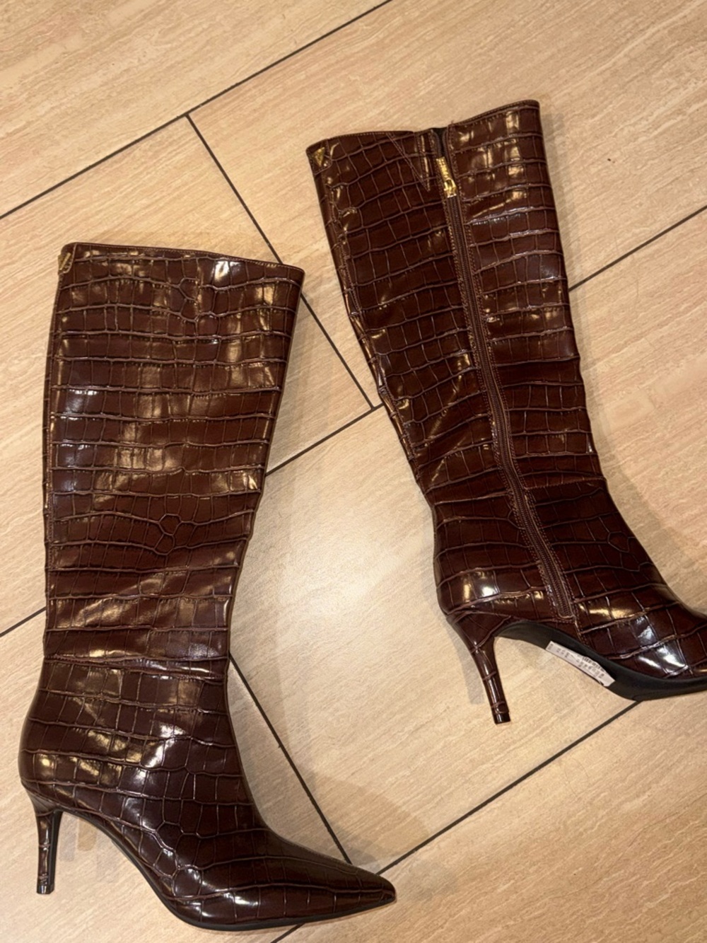 GUESS Women’s Knee-High Croc-Embossed Pointed Toe Boots in Brown
